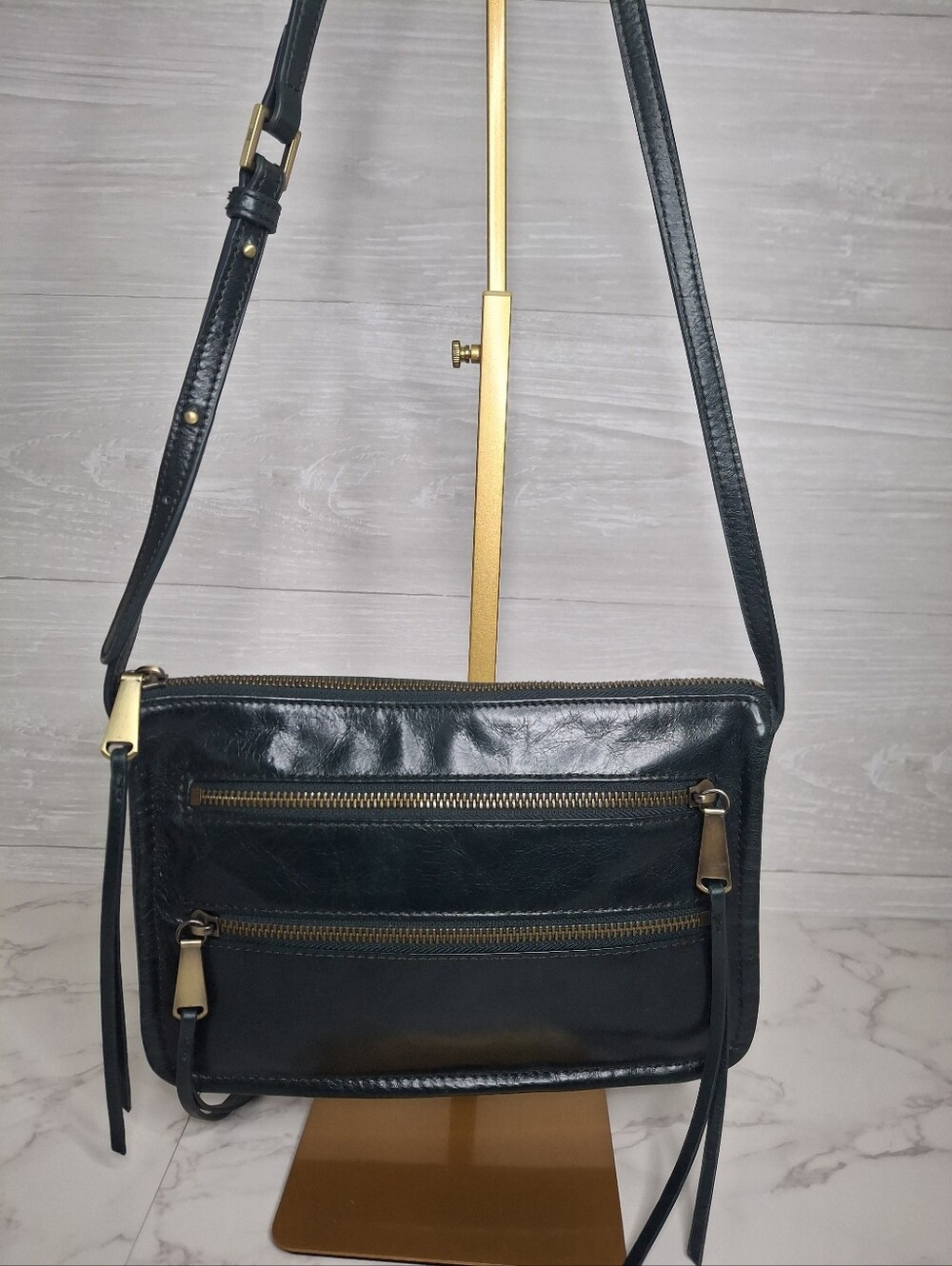 HOBO Mara Dark Green Leather Double Zip Crossbody Bag EUC